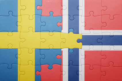 puzzle with the national flag of norway and sweden . concept